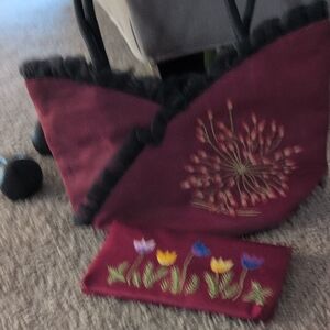 Floral Embroidered Burgundy Tote and Pouch